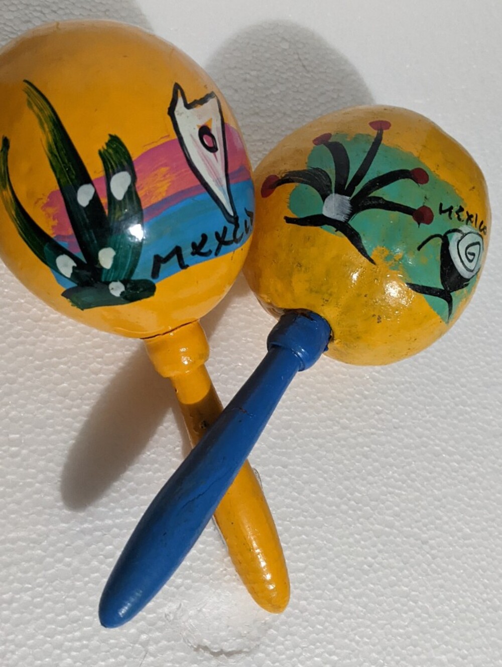 Hand-Painted Original Mexican Maracas Pair in Yellow & Blue